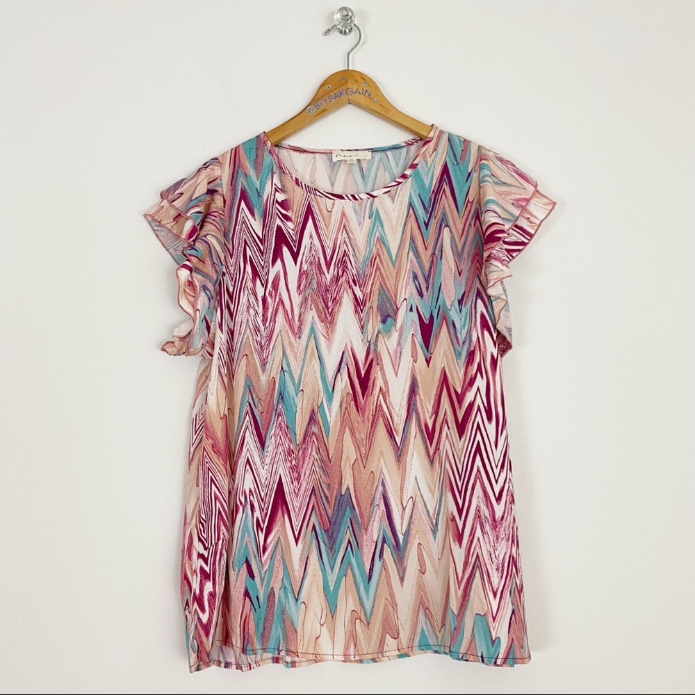 Boutique Perfect Peach Layered Ruffle Sleeve Pullover Blouse XL Berry Turquoise